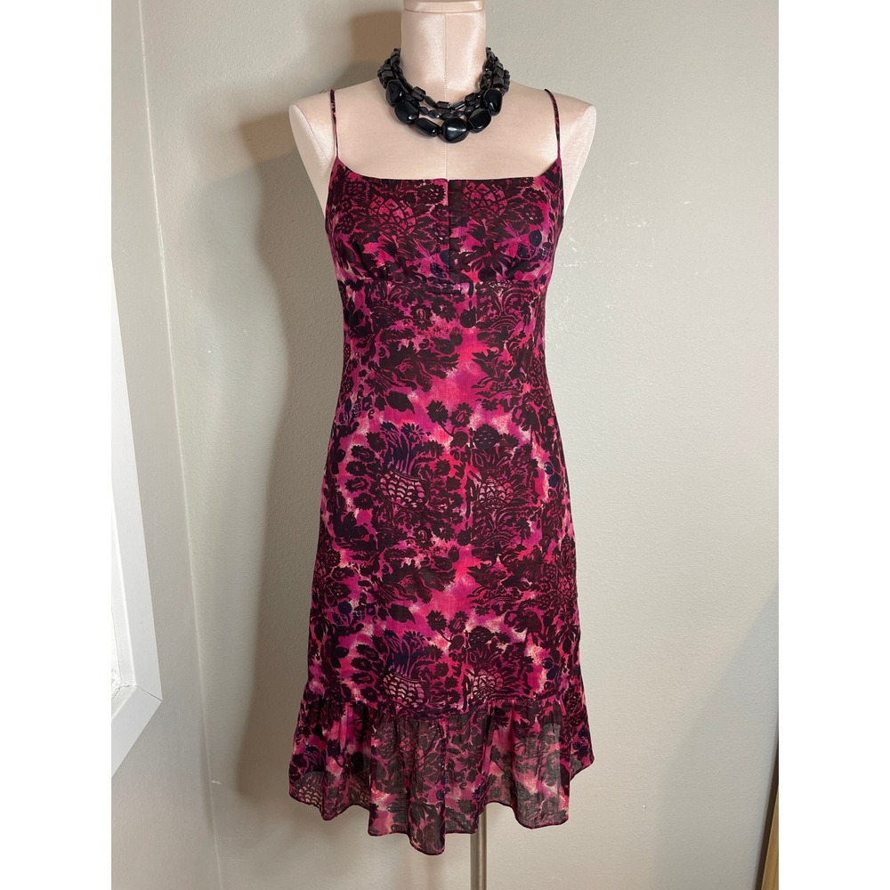 Laundry by Shelli Segal Midi Dress Pink Purple Floral Damask Ruffle Hem Size 4